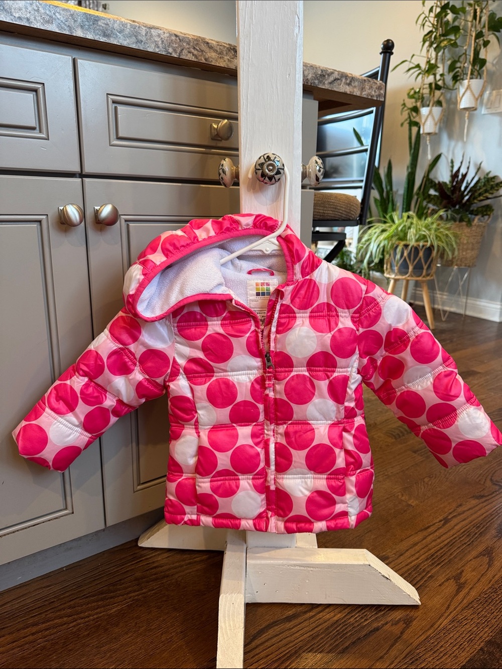 Baby Size 24 Months Pink and White Polka Dot Hooded Puffer Jacket